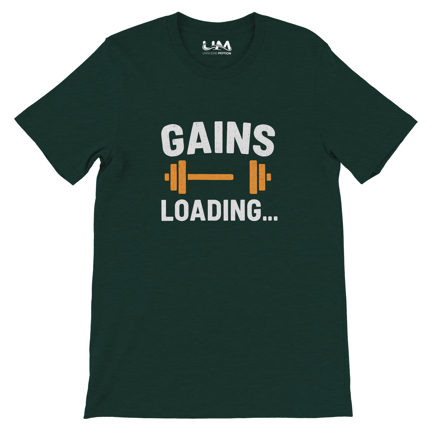 Green t-shirt with 'GAINS LOADING...' text and dumbbell graphic