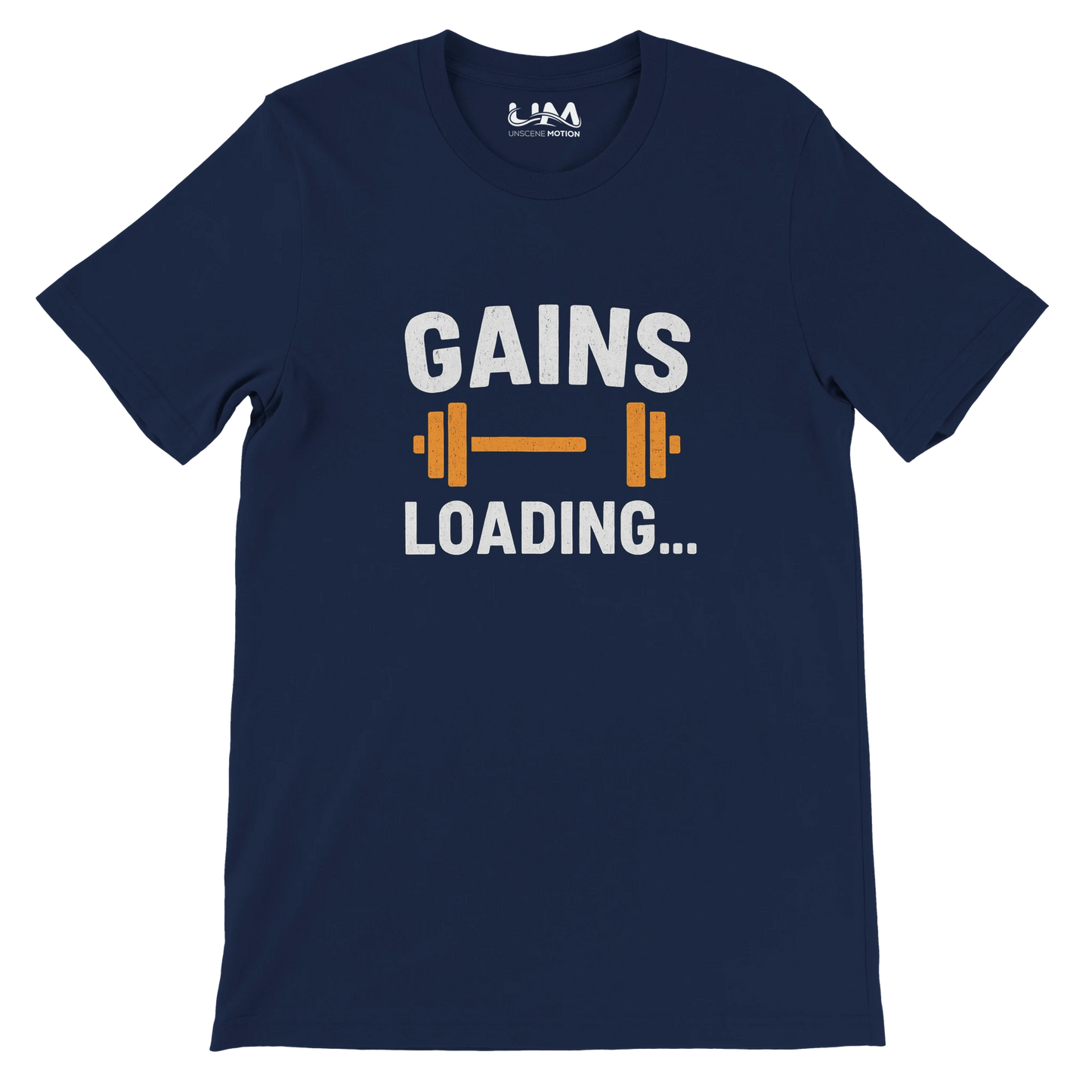 Navy blue t-shirt with 'GAINS LOADING...' text and dumbbell graphic