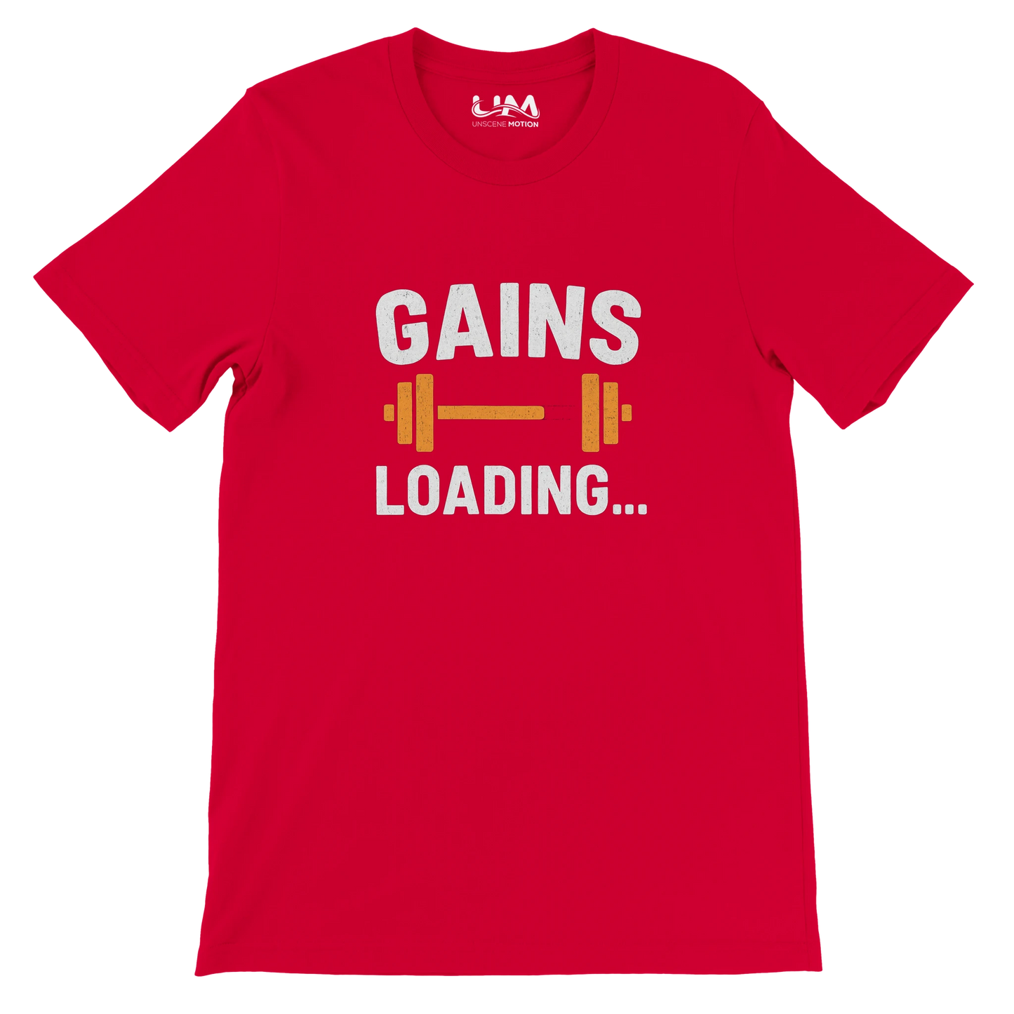 Red t-shirt with 'GAINS LOADING...' text and barbell graphic