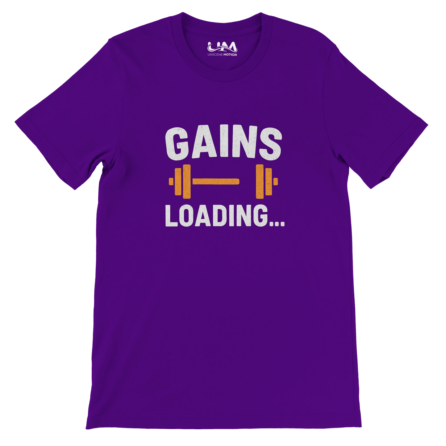 Purple t-shirt with 'GAINS LOADING...' text and dumbbell graphic