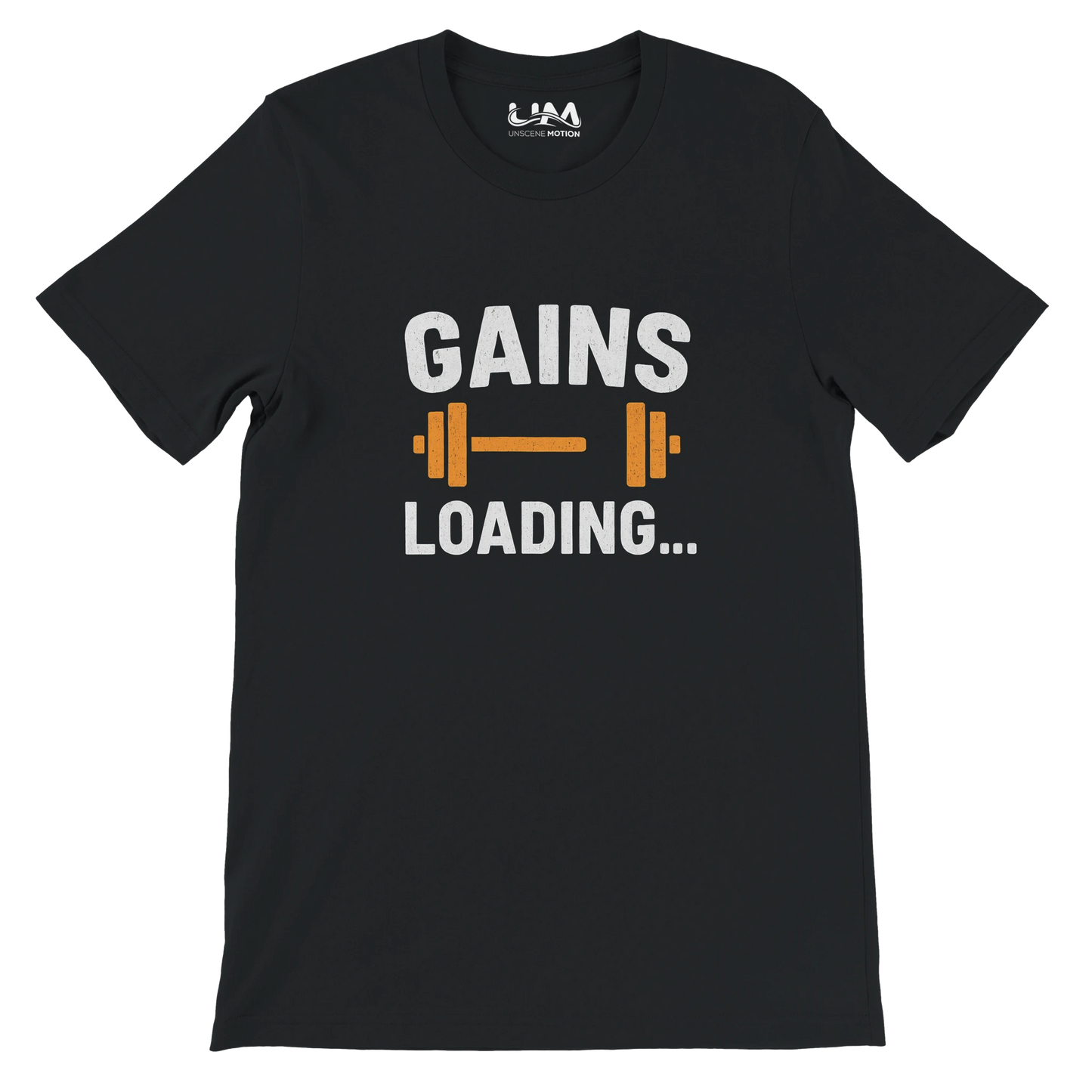 Black t-shirt with 'GAINS LOADING...' text and barbell graphic