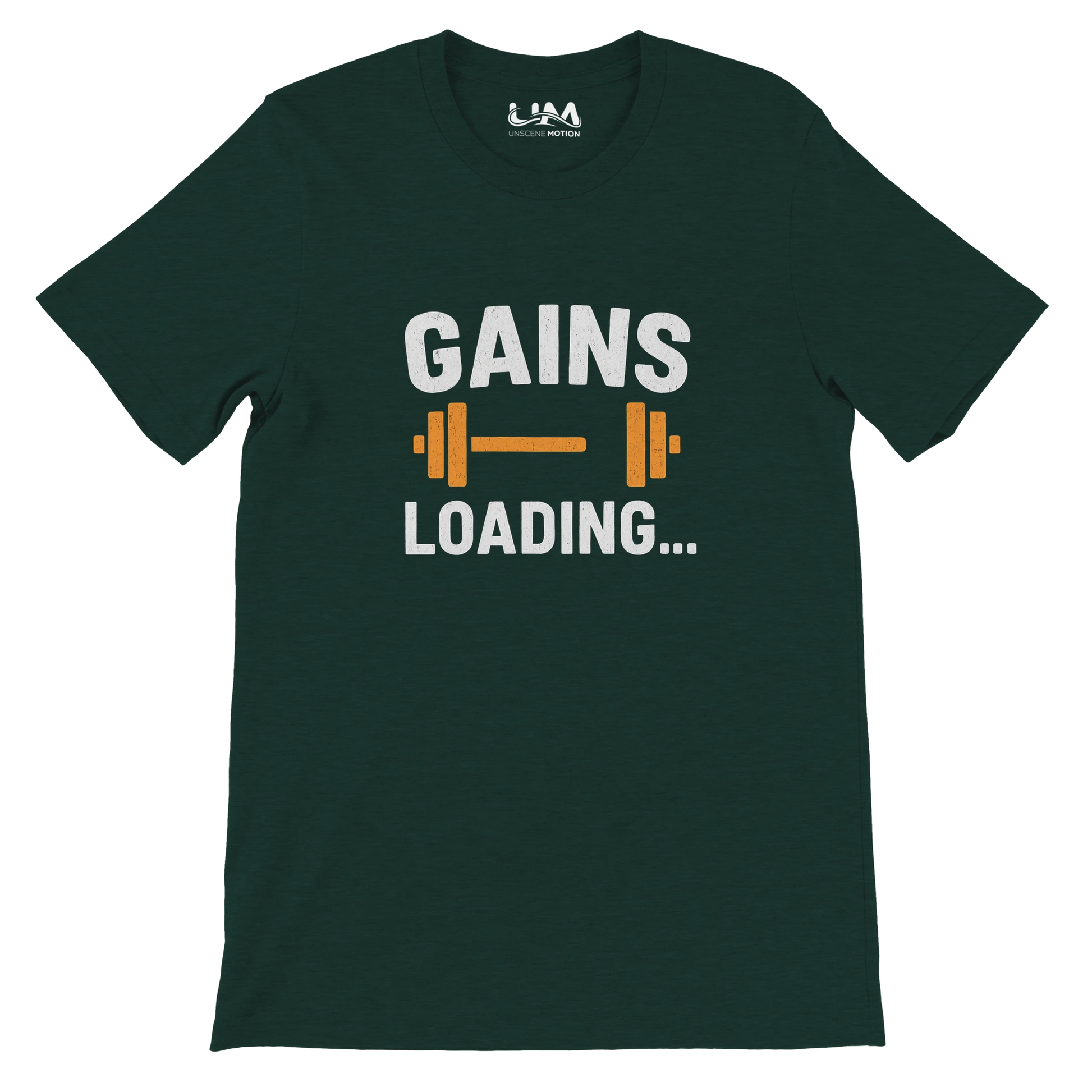 Green t-shirt with 'GAINS LOADING...' text and dumbbell graphic