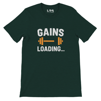 Green t-shirt with 'GAINS LOADING...' text and dumbbell graphic