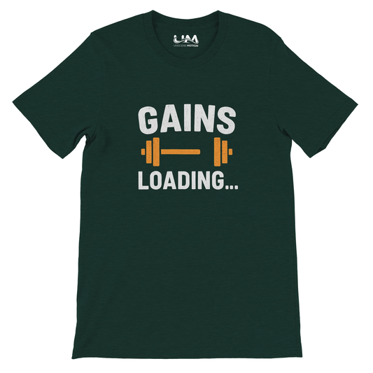 Green t-shirt with 'GAINS LOADING...' text and dumbbell graphic