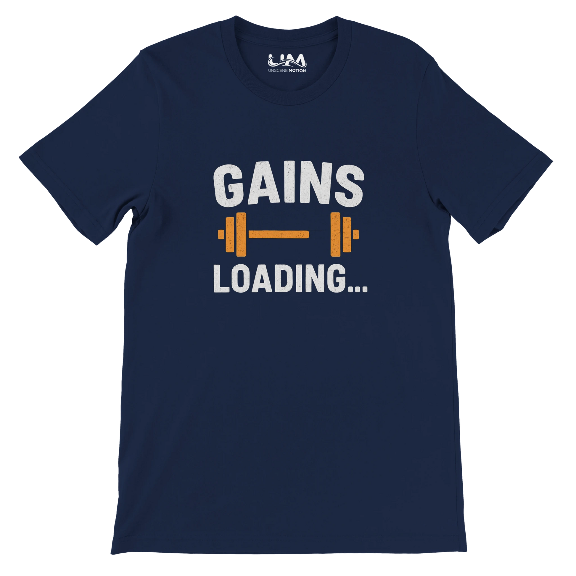 Navy blue t-shirt with 'GAINS LOADING...' text and dumbbell graphic