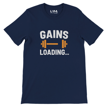 Navy blue t-shirt with 'GAINS LOADING...' text and dumbbell graphic