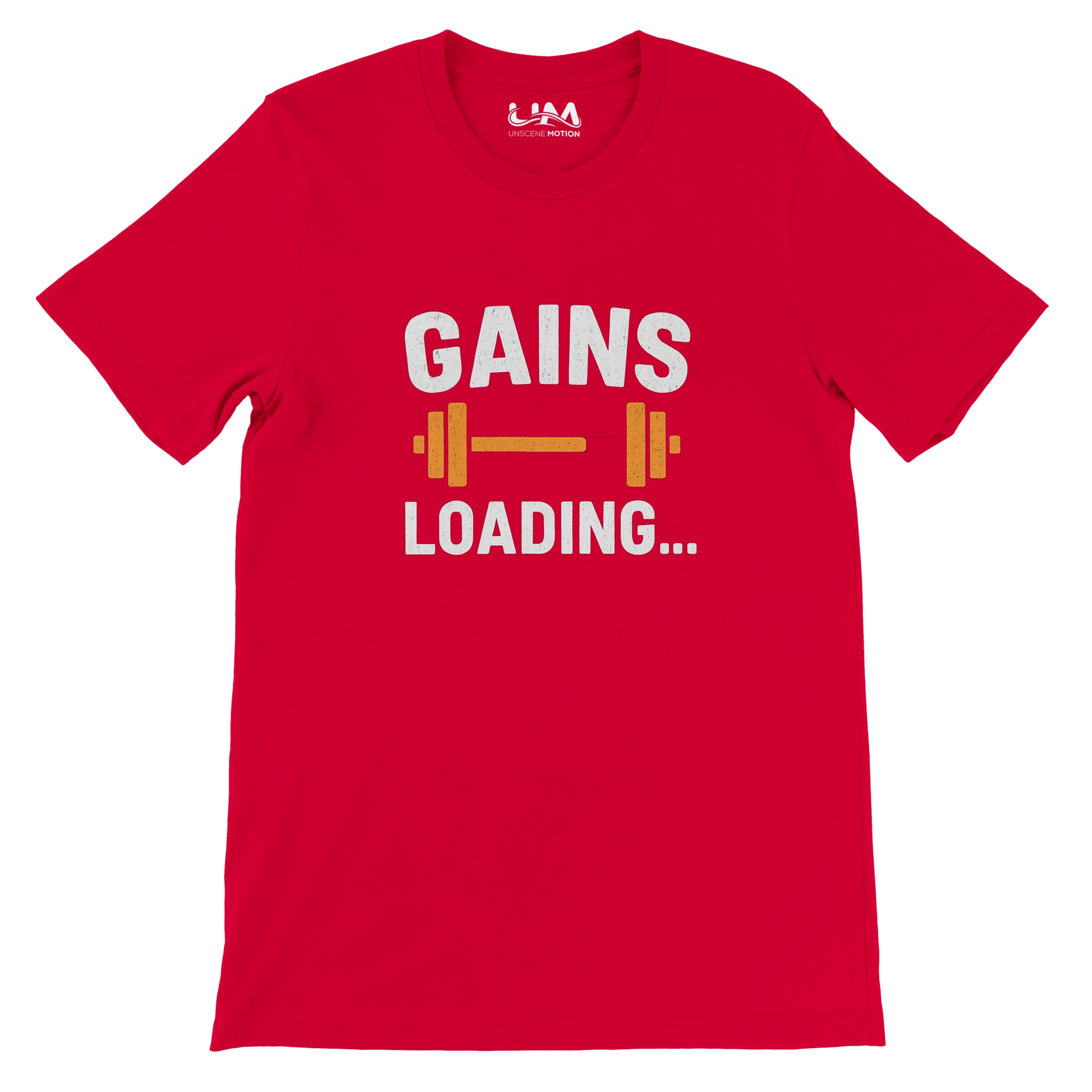 Red t-shirt with 'GAINS LOADING...' text and barbell graphic