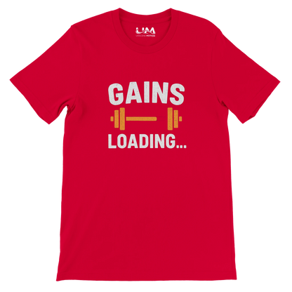 Red t-shirt with 'GAINS LOADING...' text and barbell graphic