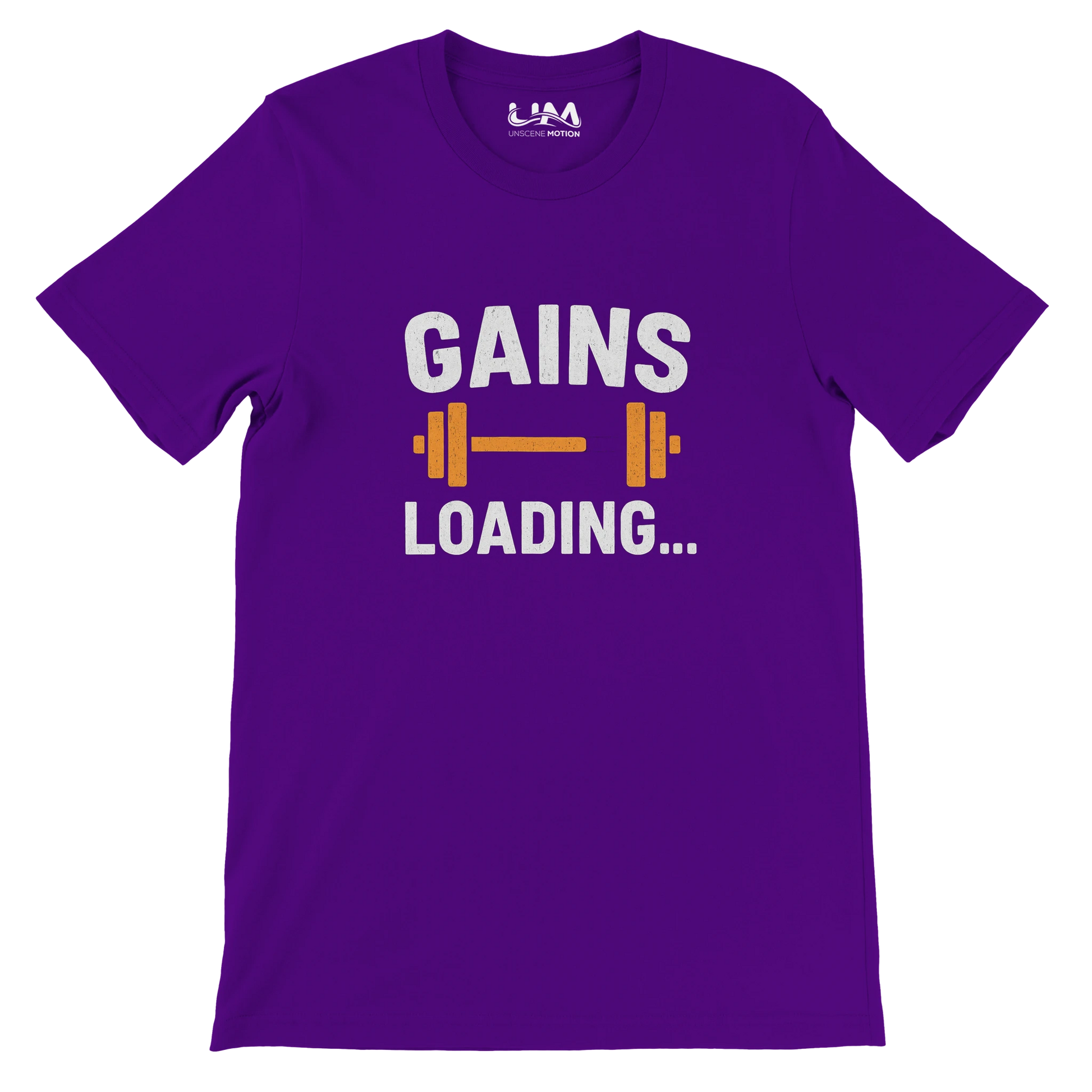 Purple t-shirt with 'GAINS LOADING...' text and dumbbell graphic