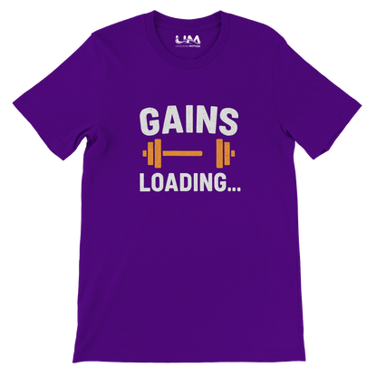 Purple t-shirt with 'GAINS LOADING...' text and dumbbell graphic