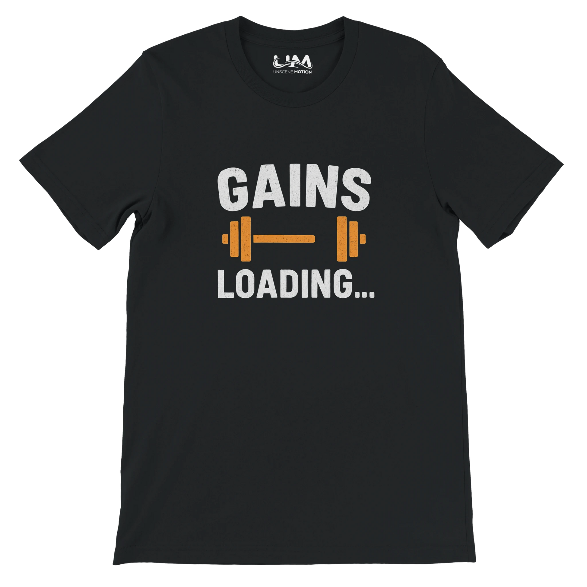 Black t-shirt with 'GAINS LOADING...' text and barbell graphic