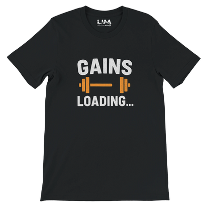 Black t-shirt with 'GAINS LOADING...' text and barbell graphic