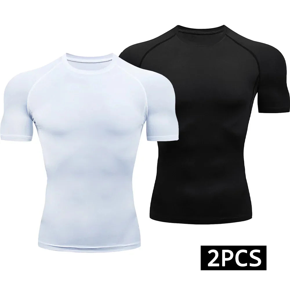 Men’s 2-Piece Compression Quick Dry Athletic T-Shirt Black and White